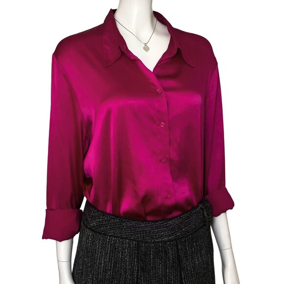 Vintage Y2K Silk Magenta Button Down Long Sleeve Blouse L/XL Office Sexy Classic - Picture 3 of 11